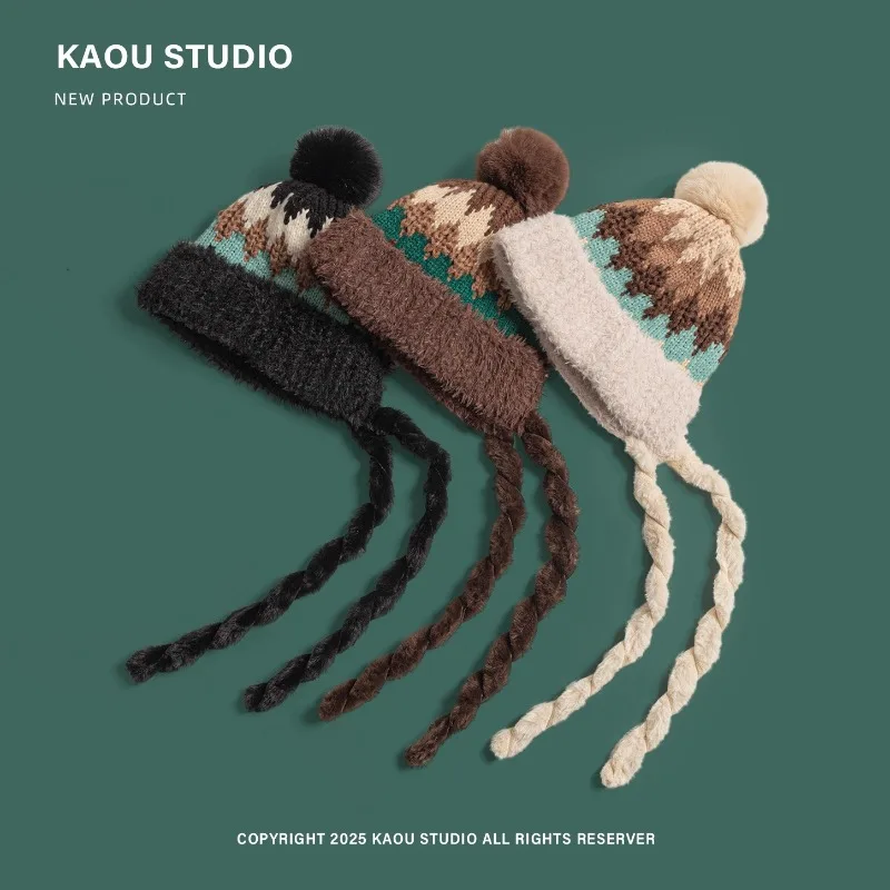 Cappellini pullover lavorati a maglia jacquard letterario stile Fair Island vintage per le donne Cappelli bomber con cinturino carino e versatili da viaggio invernale