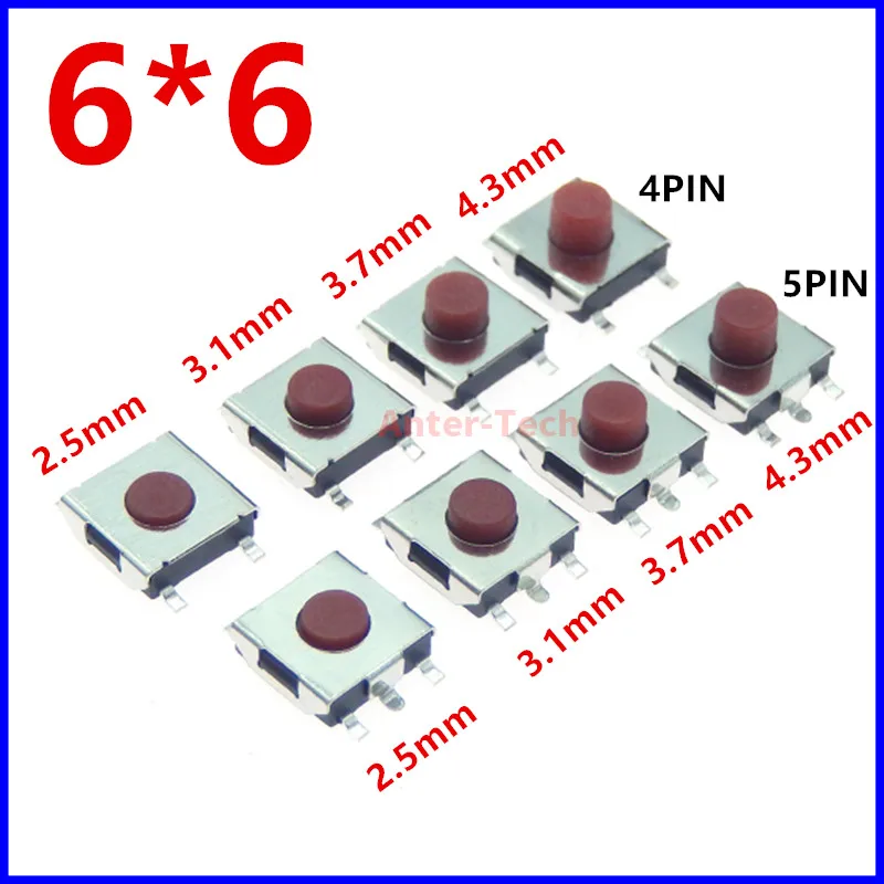 20/100PCS 6*6*2.5 / 3.1 / 3.7 / 4.3 mm SMD Switch 4 / 5 Pin feet Touch Micro Switch Push Button Switches Red 6X6 Tact Switch