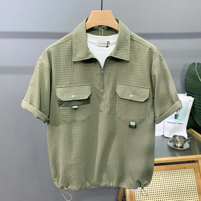 Hong Kong Style Pocket Workwear Short-sleeved Shirt Men's Summer Trendy Loose Drawstring Half-zip Lapel T-shirt