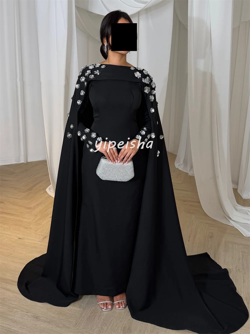 Customized Matching Simple Jersey Handmade Flower Pleat A-line High Collar Long Dresses Bespoke Occasion Dresses Chinese Style