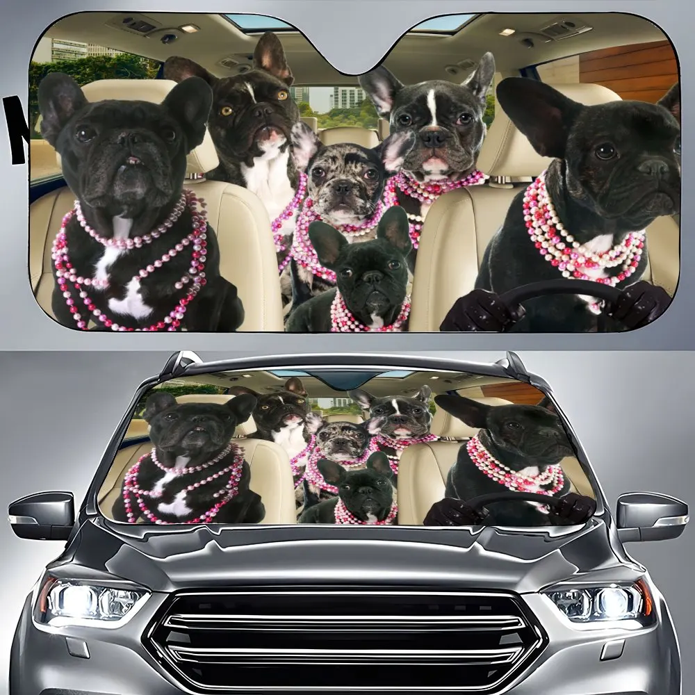 Bulldog Wearing Jewelry Driving Car Front Windshield Sun Shade, Bulldog Wearing Glasses Sunshade for SUV- Blocks Uv Rays Protect