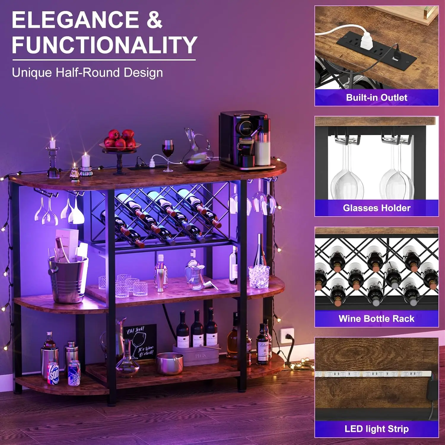 Wine Rack Table with Socket and LED Light, Floor Bar Cabinet for Liquor and Glasses, Wood Coffee Bar Cabinet with Adjustable Win