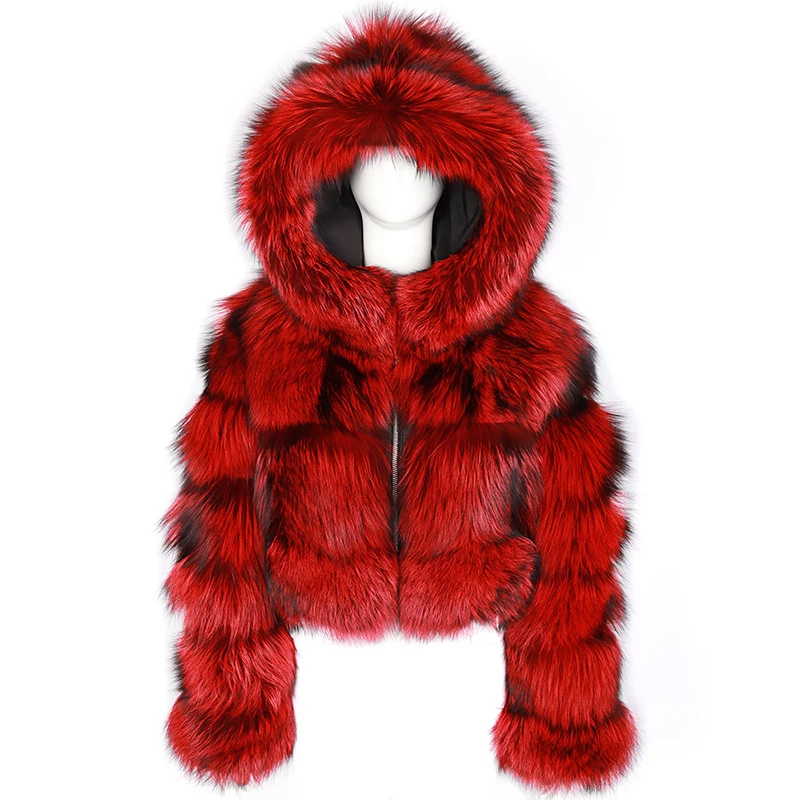 Abrigo de piel de mapache rojo para mujer, Chaqueta corta peluda de piel sintética, Top esponjoso con capucha y cremallera, moda de invierno