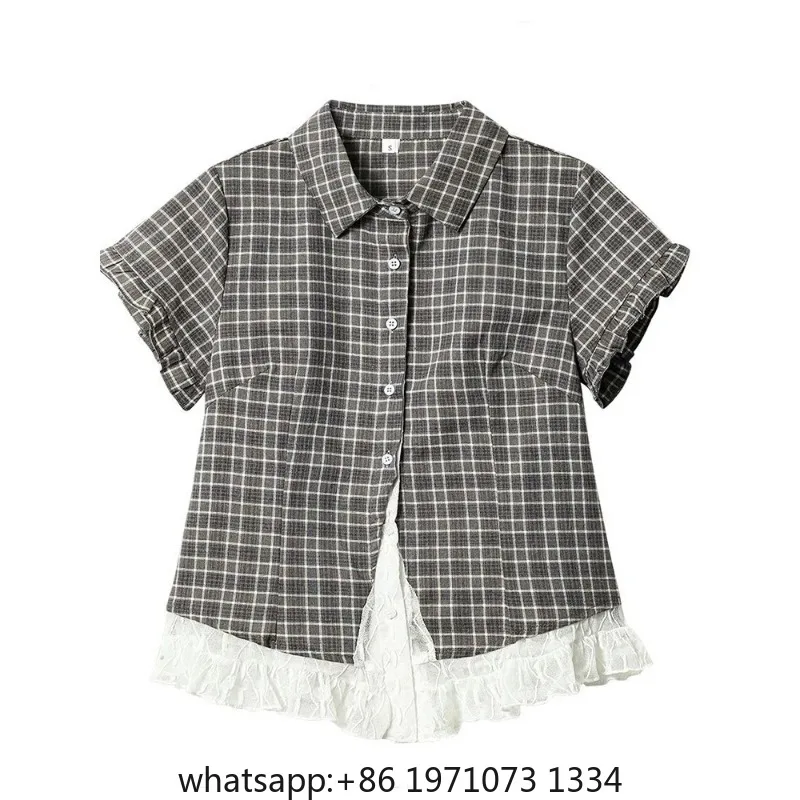Lace Patchwork Plaid Shirt Women Summer Sweet Short Sleeve Vintage Blouse Slim Sweet Retro Japan Kawaii Female Cute Casual Tops view 6