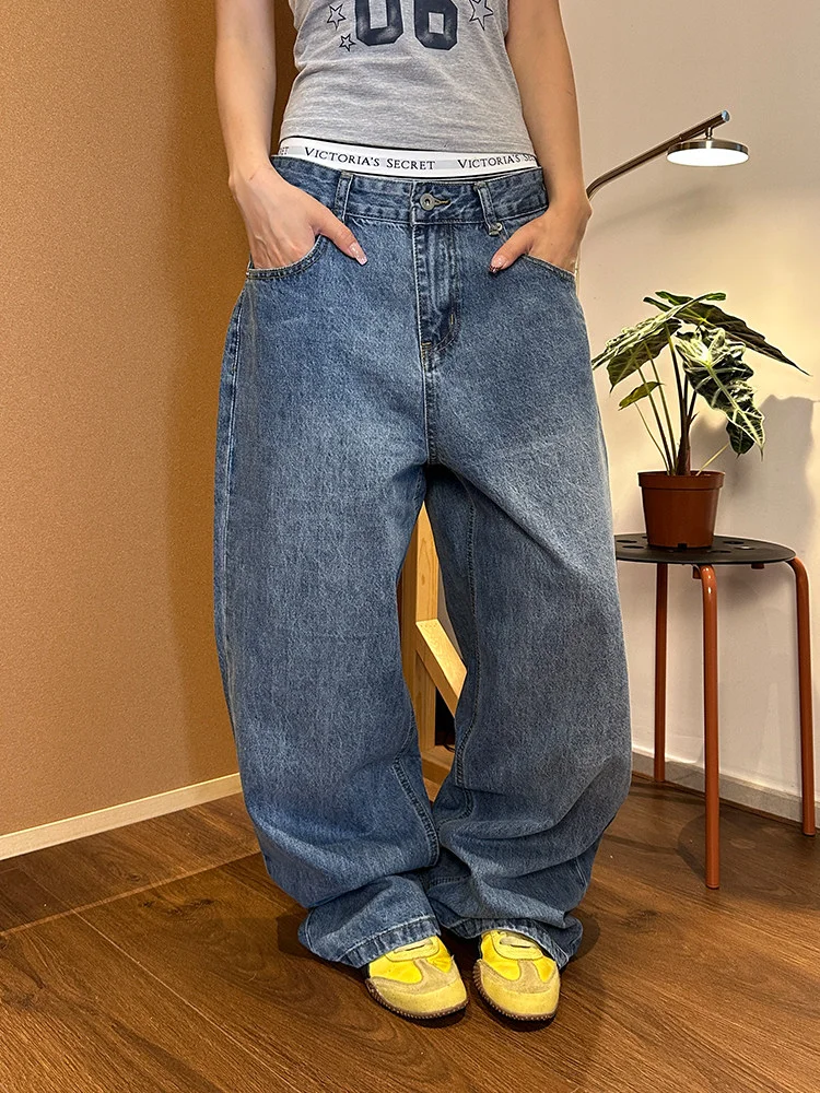 

Loose Fit High Waist Wide Leg Blue Washed Denim Jeans Women's Casual Slimming Lazy Versatile Trousers Large Size Korean Style