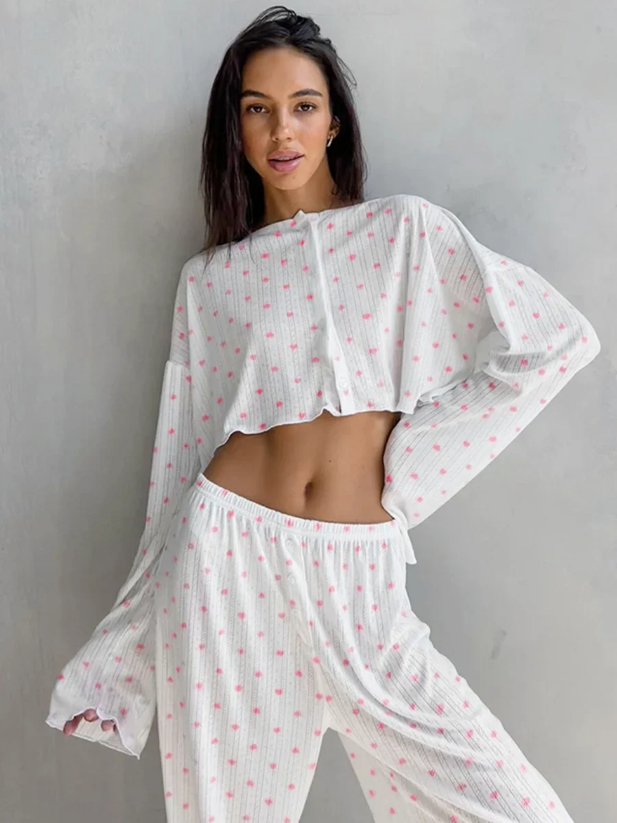 Mozuleva Love Printed Pajama Set Basic Loose Casual Nightgown Cardigan Short Long Sleeved Pants Lounge Women\'s Sleep Set