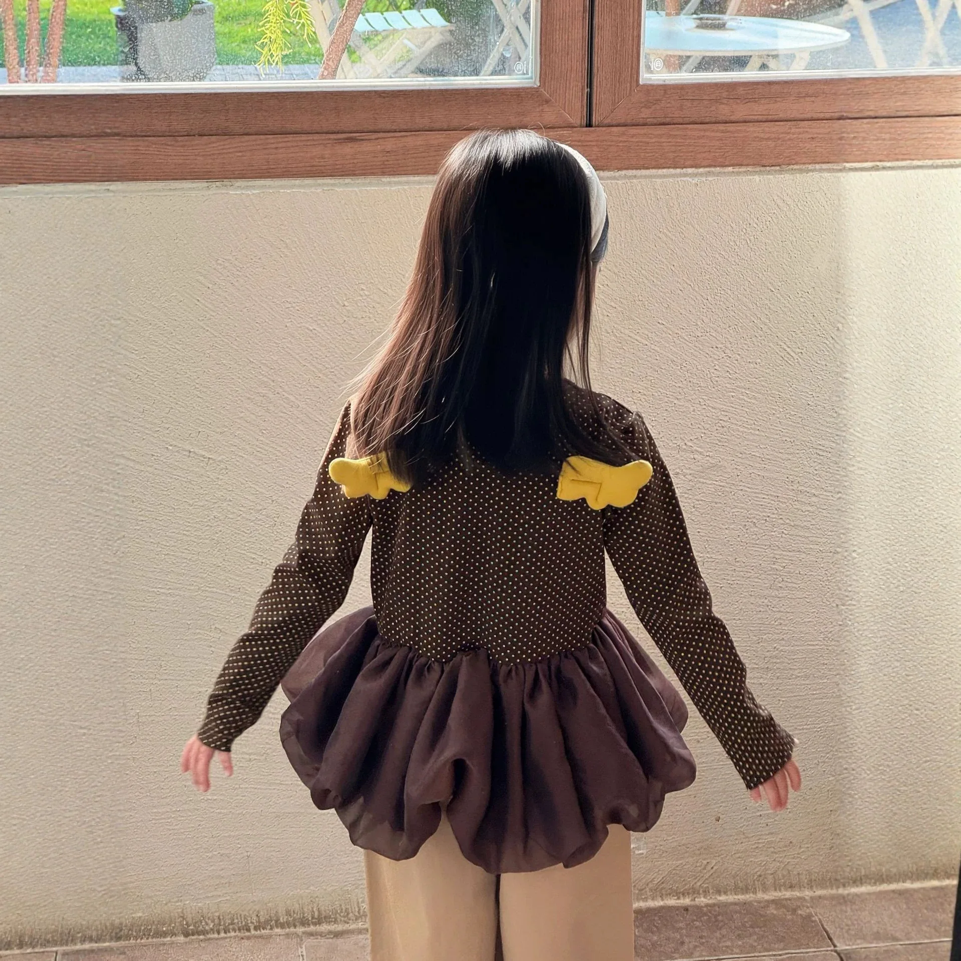 Girls Fall Dress Korean Brown All Over Polka Dot Back Yellow Small Wings Patchwork Bubble Hem Princess Dress
