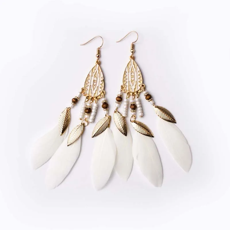 Venta al por mayor de pendientes colgantes con borlas de plumas para mujer, pendientes largos geométricos esmaltados coloridos bohemios, cuentas, joyería hecha a mano