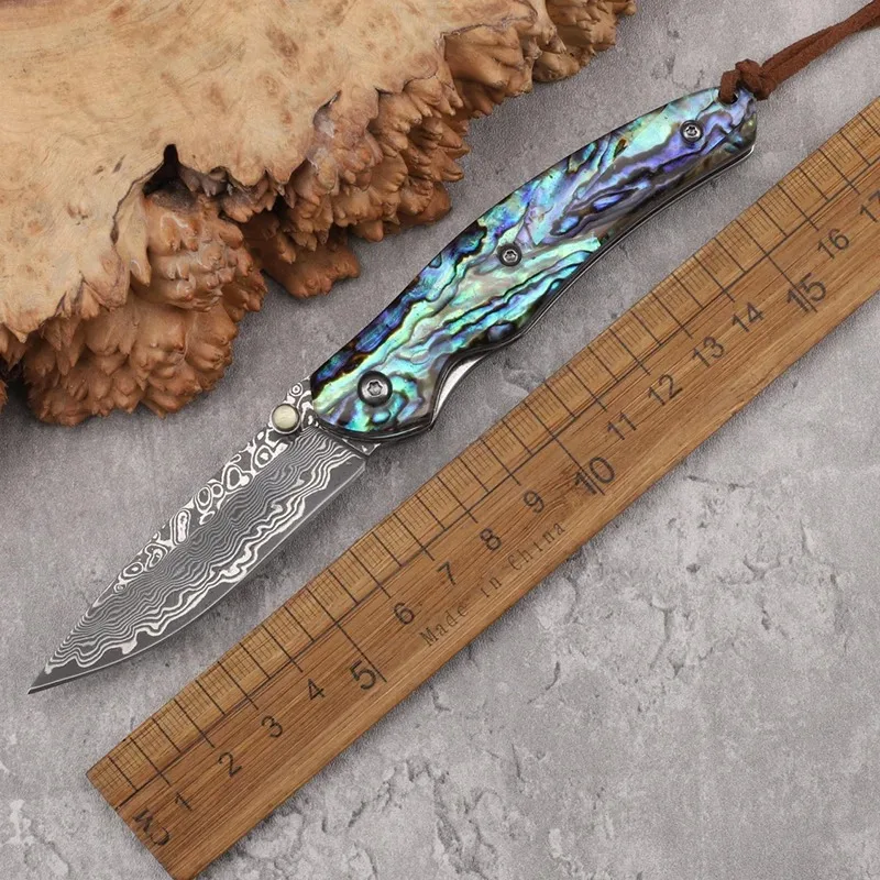 Damascus Steel Color Shell Handle Folding Knife Mini Lightweight Outdoor Camping Self Defense Fishing Pocket EDC Tool