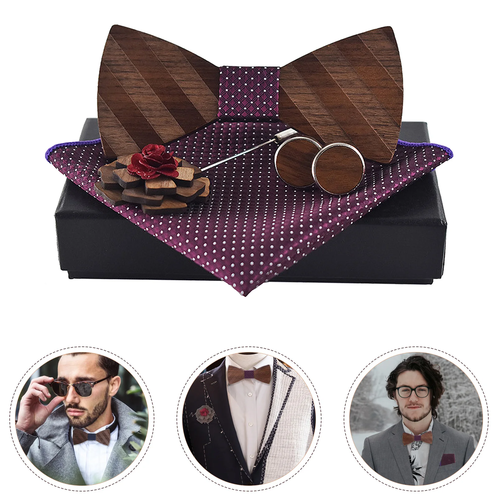 

1 set Wooden Bow Tie Set Classic Oversized Ties for Men Wedding Party Fabric Brooch Plaid Stylish Eco Friendly Durable