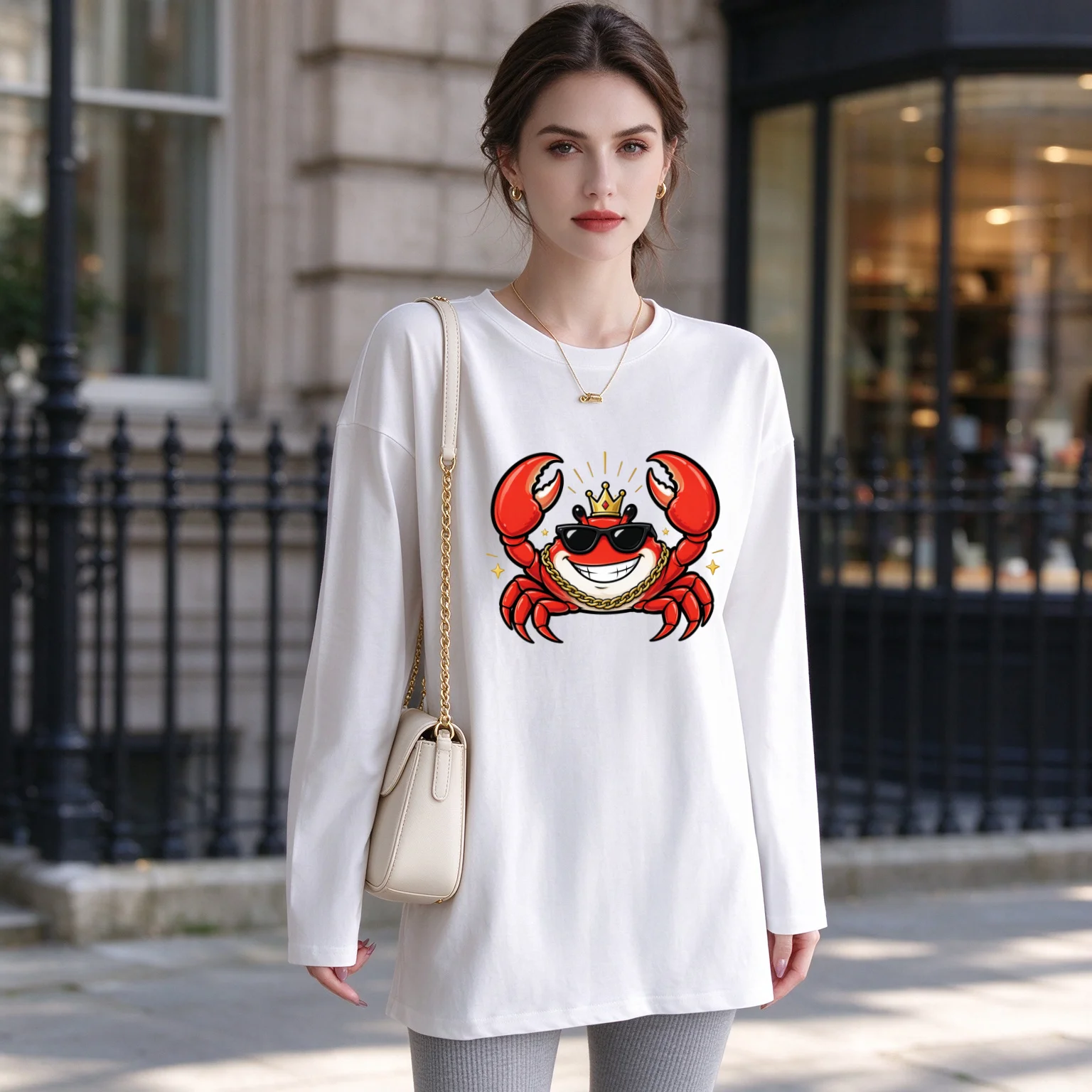 New Women's Mid-Length Loose Long-Sleeve T-Shirt with Trendy Sunglasses and Crab King Cartoon Print, Round Neck, Hip-Covering Base Shirt