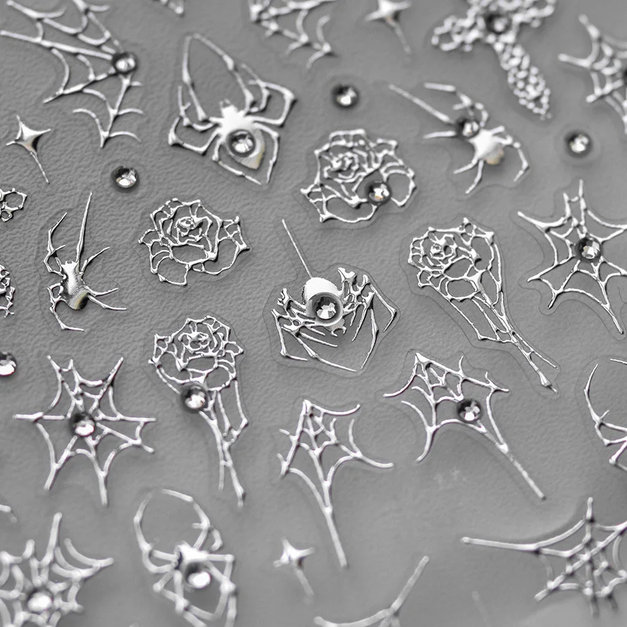 1pcs 5D Rhinestone Spider 3D Nail Art Stickers Cross Web Silver White Black Gothic Rose Adhesive Decals Halloween Nail Supplies