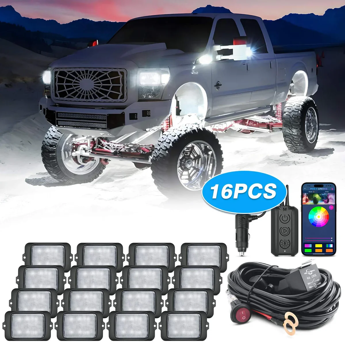 MICTUNING C3 Extensible RGBW LED Rock Lights - 16 Pods Wireless Control Multi-Color Neon Underglow Lights IP68 Waterproof