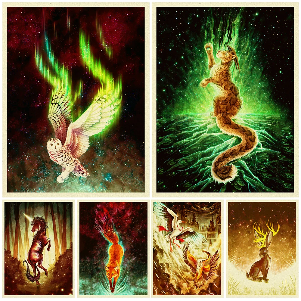 

Aurora Owl And Fox Surreal Animal Art Poster Print Antler Rabbit And Mysterious Unicorn Wall Art Canvas Paitning Home Decoration
