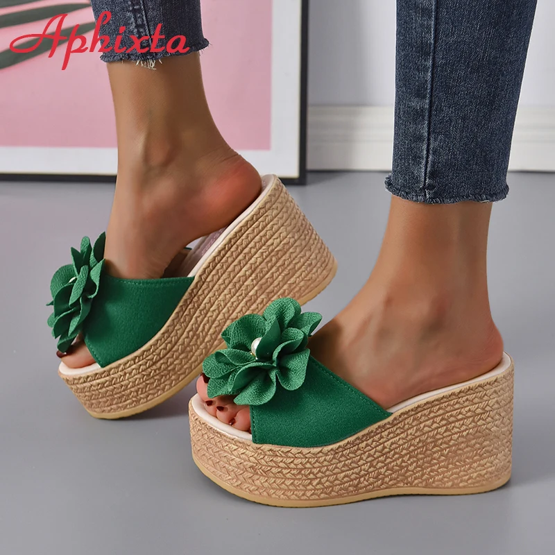 Aphixta Summer 9cm Wedge Heels Slippers Women Big Pearl Bead Flowers Cow Suede Bow Mulers 4cm Platform Sandals Clog Shoes Slides