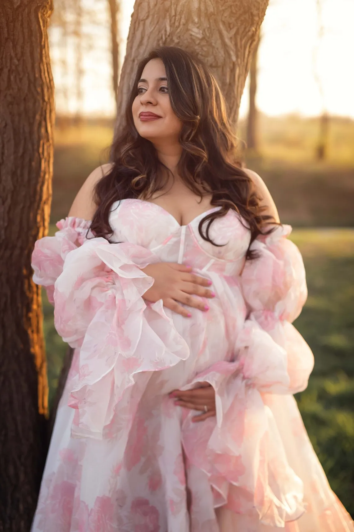 Pink Organza Maternity Dress for Babyshower Off Shoulder Long Sleeves Prom Dress Customized Illusion Vestidos for Prengnancy