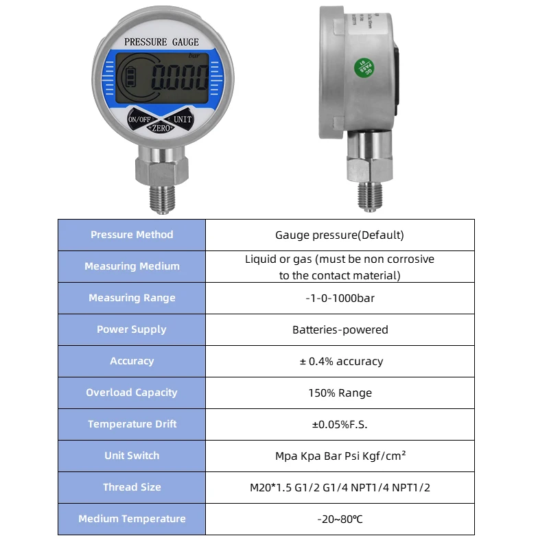 Digital Pressure Gauge 400bar 1000bar Air Liquid Fuel Oil Water Digital Pressure Manometer M20*1.5 Pressure Gauge