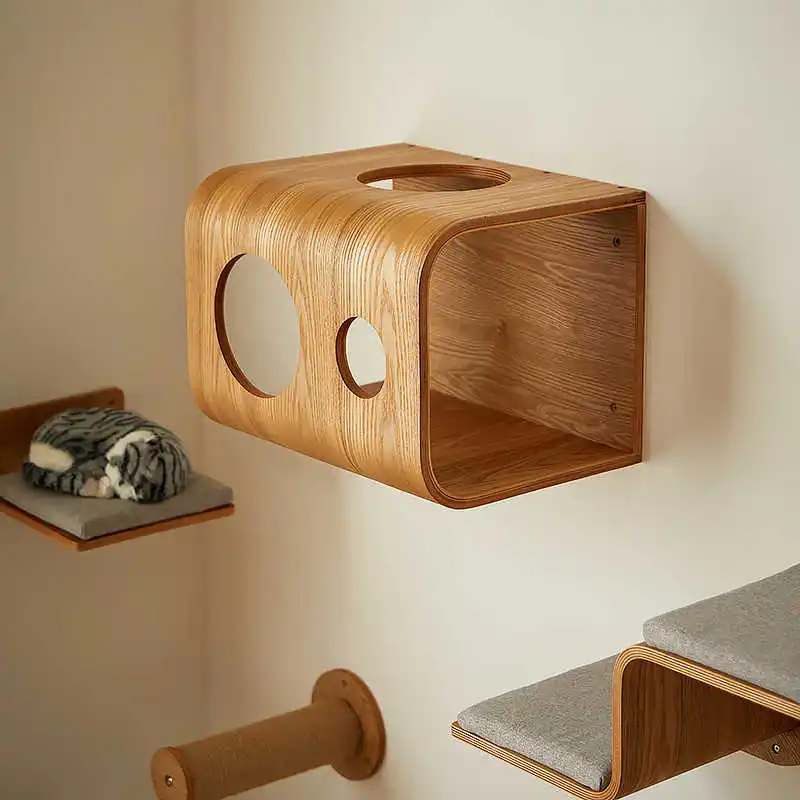 

#Solid Wood Condo With Scratching Post & Cushioned Perches | Modern Cat Wall Furniture For Indoor Cats