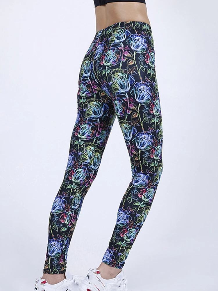 CHSDCSI Frauen Sexy Elastische Enge Sport Casual Leggings Damen NEUE Rose Fluoreszenz Floral Bedruckte Hosen Lauf Workout