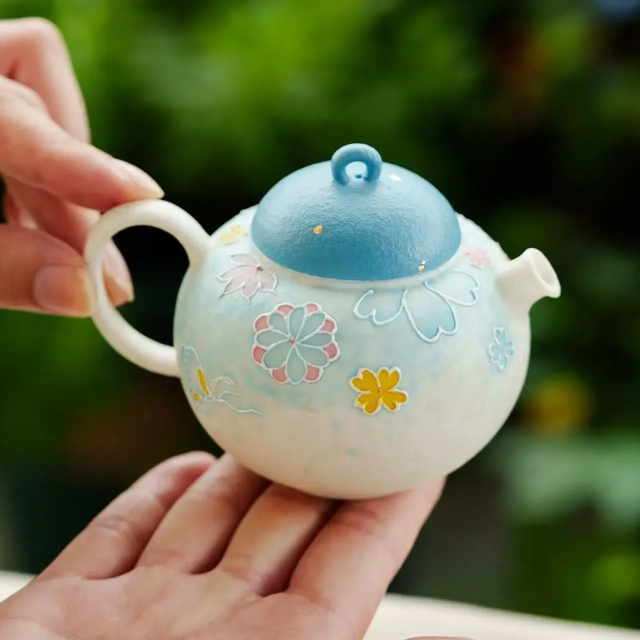 130ML Rock Mine White Sea Green Sprinkling Gold Stacked Flower Ceramic Teapot Household Tea Kettle High-grade Filter Small Pot