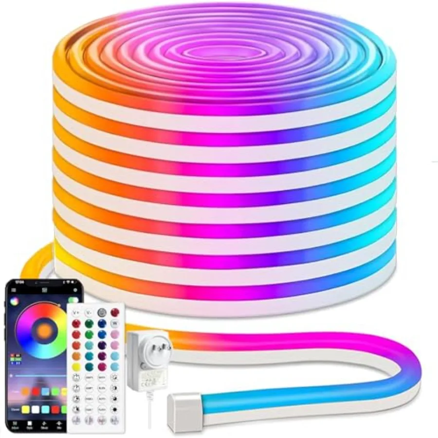 49.2FT Neon LED Strip Lights 24V Waterproof Silicone Rope Light Music Sync Color Changing App and Remote Control for Bedroom Ou