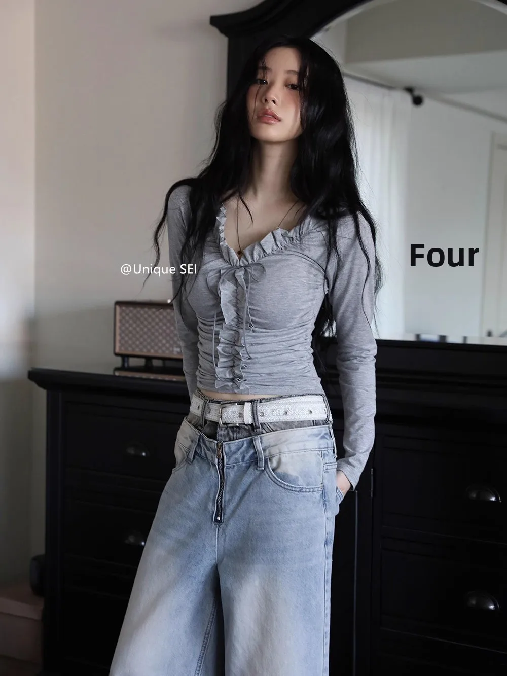 Korean Style Long Sleeve T-Shirt Knitted Cardigan Set Wood Grain  Pleated Slimming Versatile Top Soft V-neck Breathable