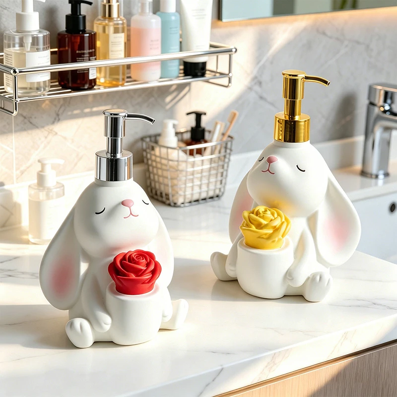 Cute Rabbit Rose Lotion Dispenser Resin Refill Pump Bottle 280ml Bathroom Sink Hand Soap Shampoo Desktop Decor Storage Container