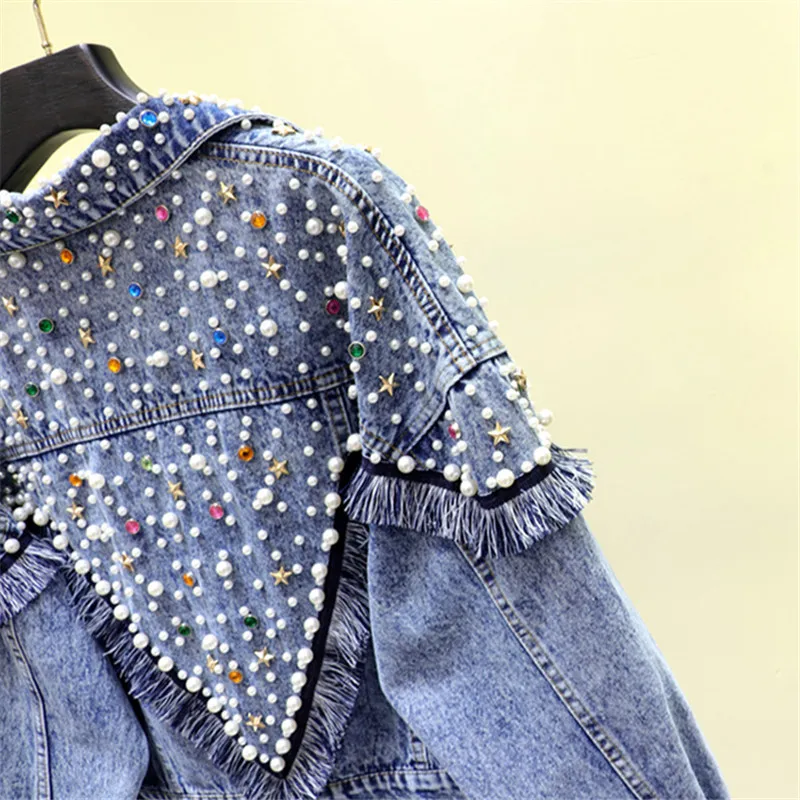 Lente Koreaanse Veelkleurige Diamanten Kralen Denim Jas Vrouwen Losse Korte Cowboy Bovenkleding Vintage Zwart Blauw Jeans Jas Vrouwelijke