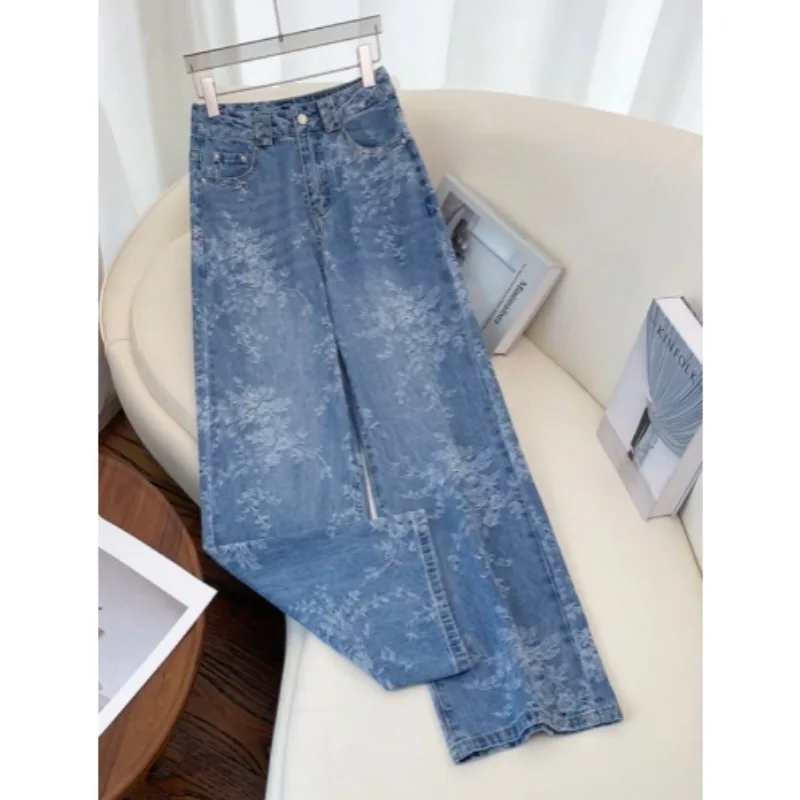 

Женские осенние новые американские ретро с высокой талией для похудения длиной до пола, с широкими штанинами, жаккардовая вышивка, свободные модные прямые джинсы