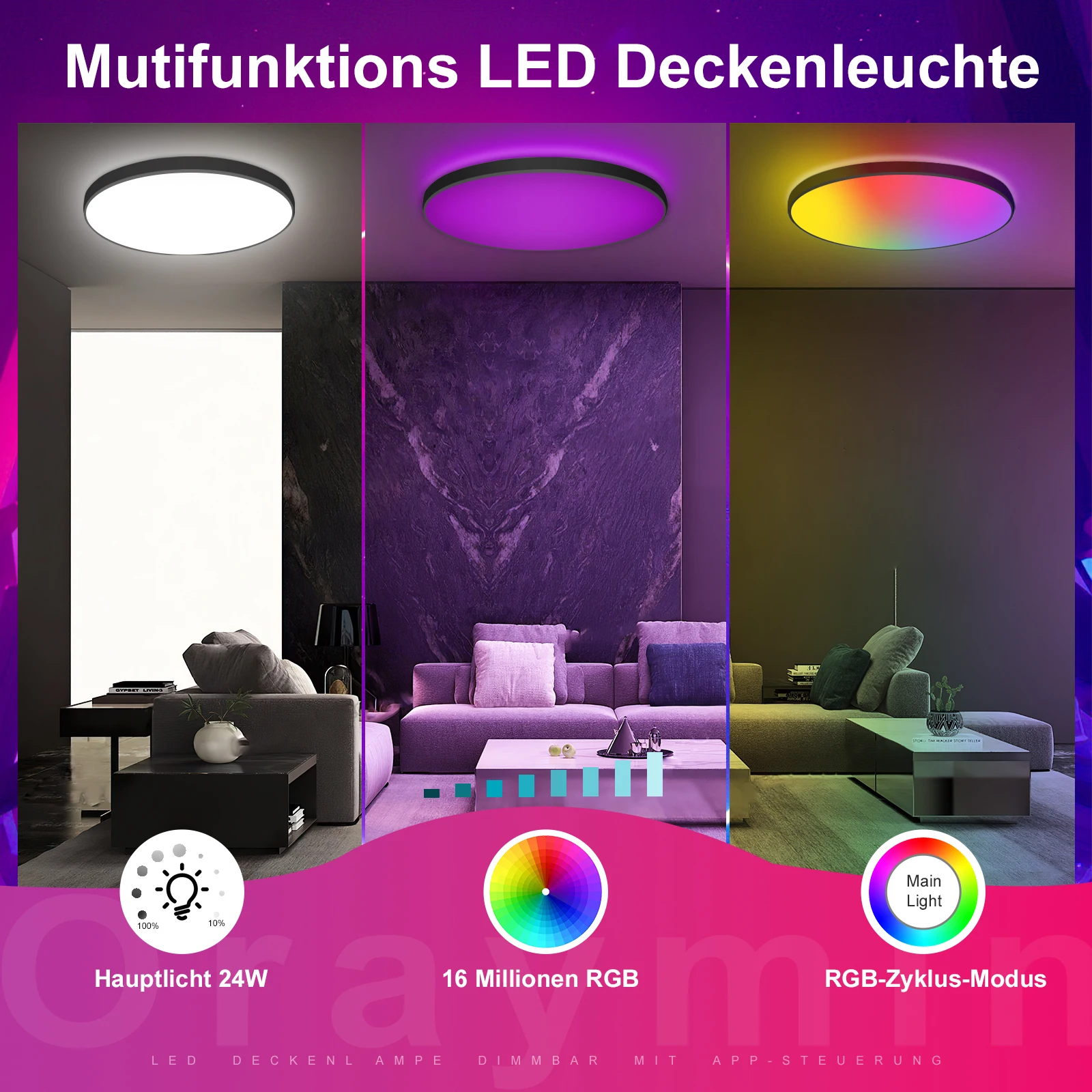 Obrázek 7: 24W LED strop lehký ø30cm RGB stmívatelné s daleký & app ovládání, 2400LM chytrý lampa 16M barvivo pro ložnice žití pokoj