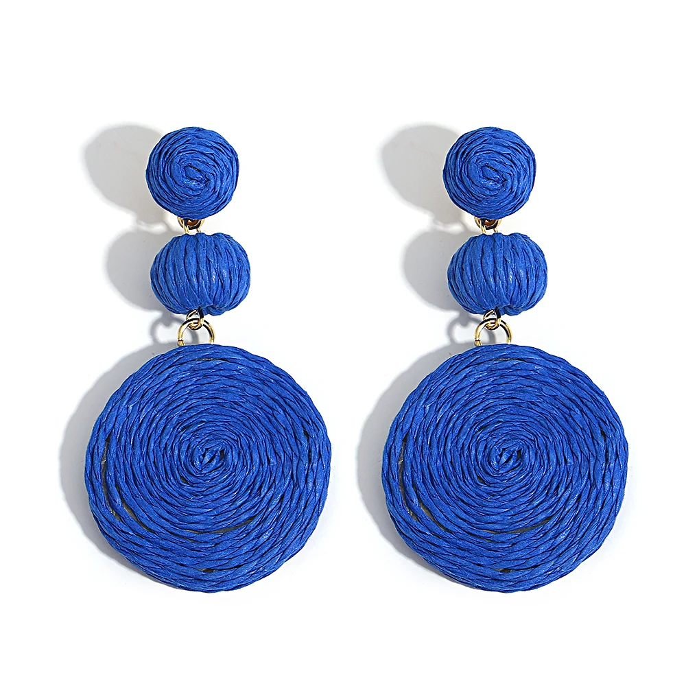 Boho Yellow Raffia Round Drop Earrings for Women