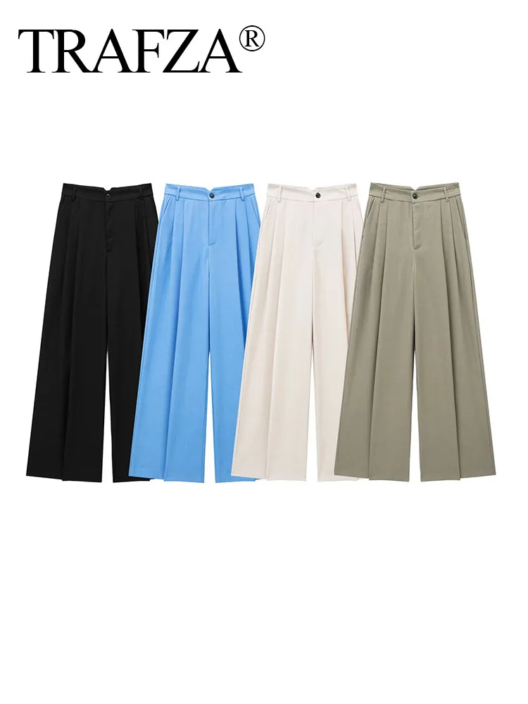 TRAFZA 2024 Women Summer Holiday Pleated High Waist Zipper Pants Female Chic Fashion Ankle-Length Floor-Length Trousers 4 Color