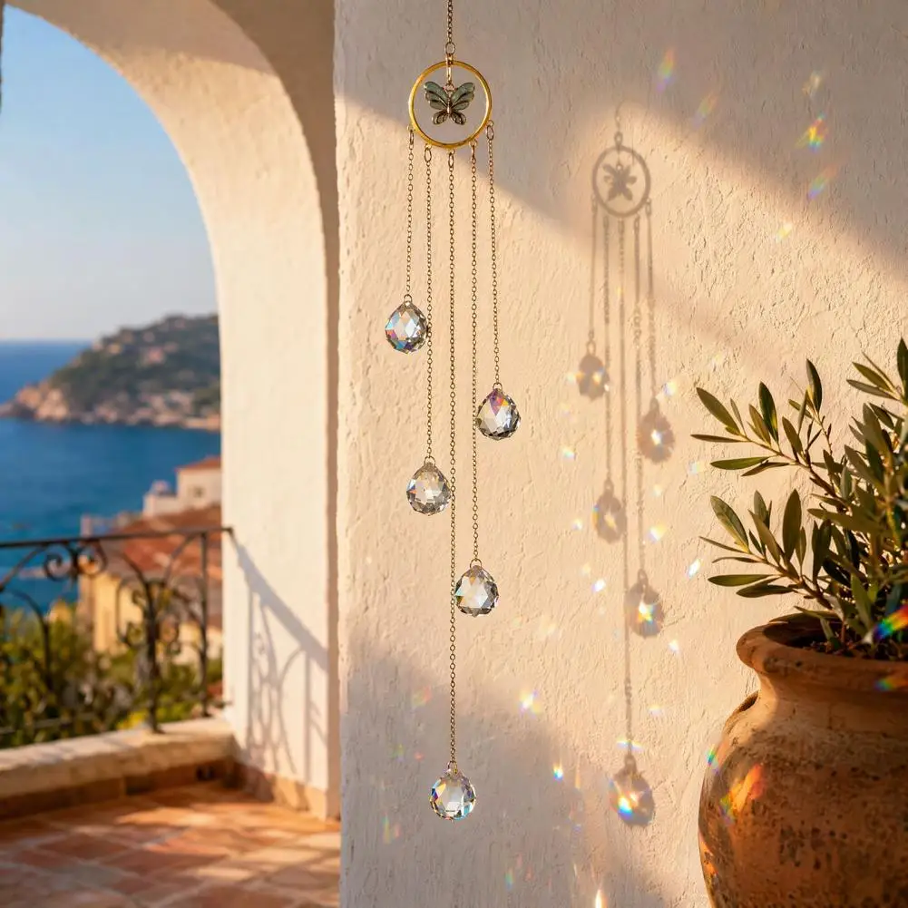 Sunlight Refraction Chime Wind Chime Sun Catcher with 7-color Ab Balls Faceted Light Beads Hanging Ornament Rainbow for Garden