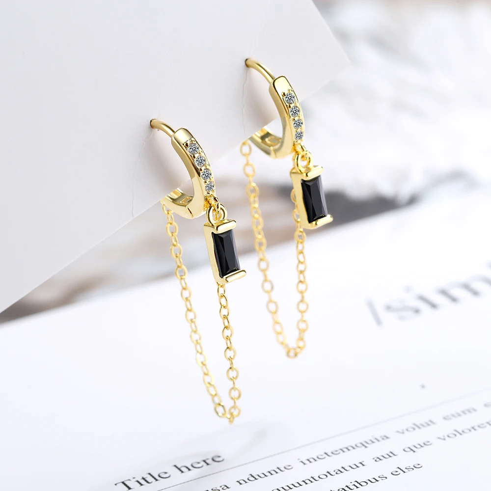 Pendientes de aro de Plata de Ley 925 auténtica para mujer, cadena de moda, CZ negro, regalo de boda y cumpleaños, joyería fina DG0004