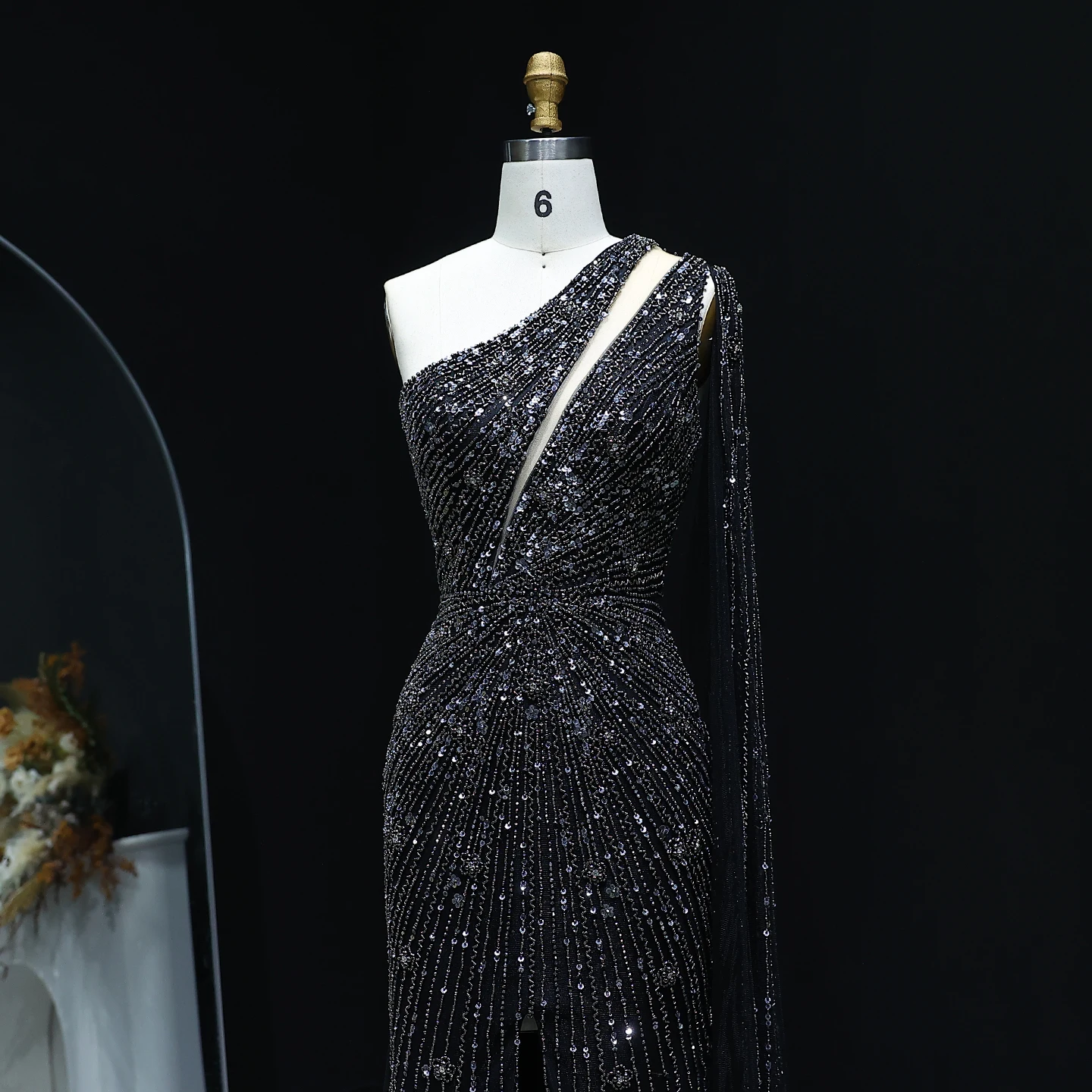 Sharon Said Elegant One Shoulder Beaded Mermaid Black Evening Gown with Flowing Cape Yellow Formal Party Dress SS317 Customized image 4