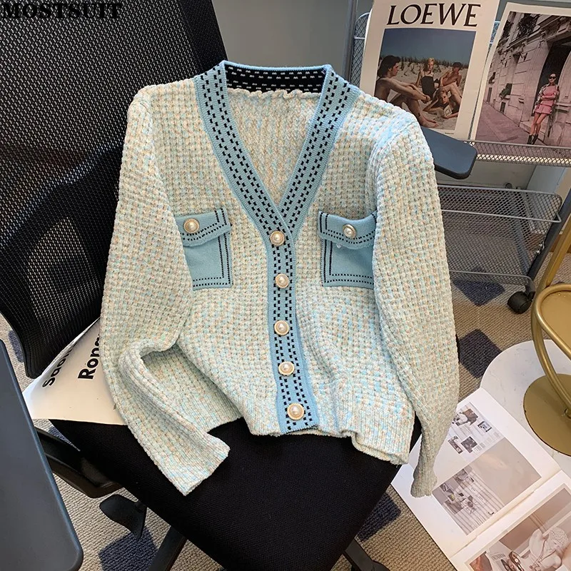 Blue Stylish Elegant V-neck Cardigan Women Sweater Tops 2024 Winter Long Sleeve Single-breasted Vintage Fashion Ladies Jumpers