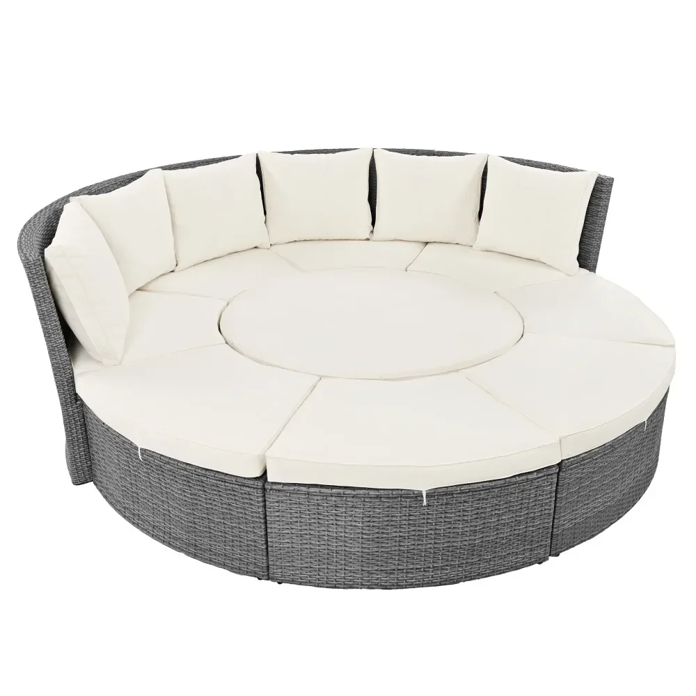 Terras 5-delige ronde rotan bankstel rieten slaapbank met zonnebank met ronde heftafel en wasbare mat Tuinmeubelsets