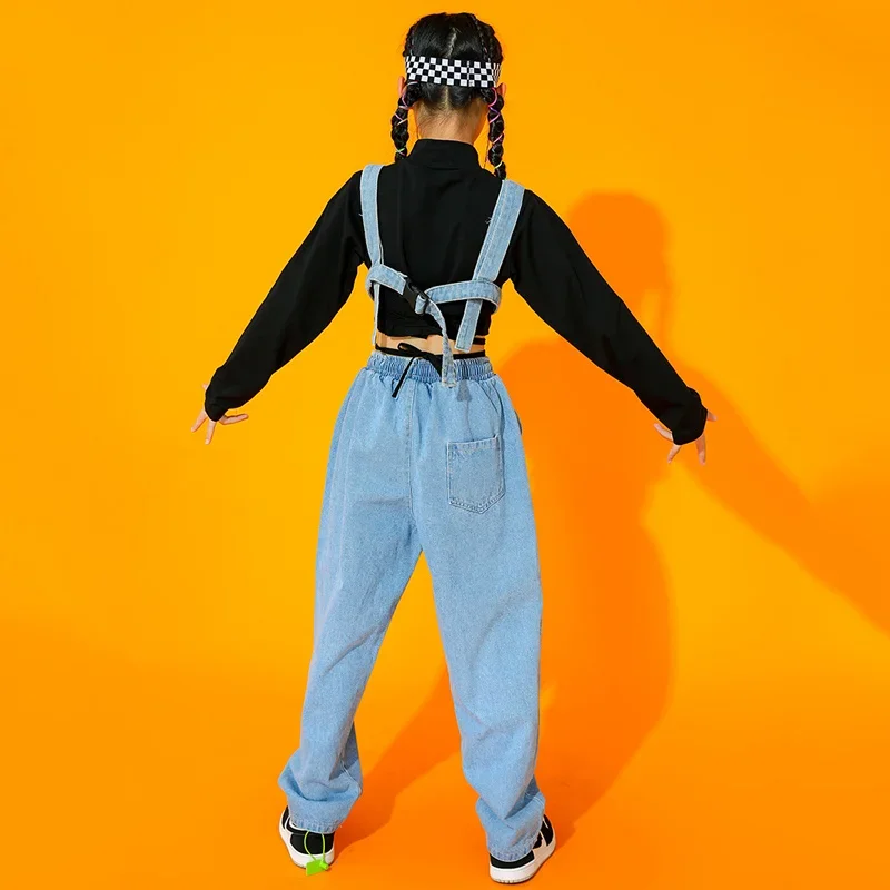 Denim Long Sleeves Performance Outfit Modern Street Dance Clothing Kids Rave Clothes Jazz Costume Girls Hip Hop Clothes