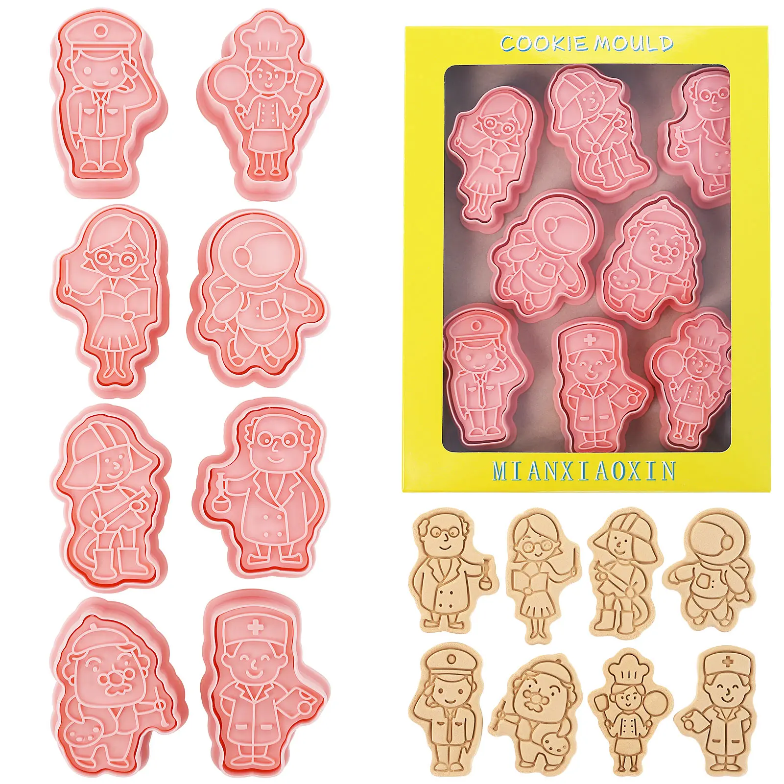 8 Uds. Cortadores de galletas ideales para profesores, enfermeras, astronauta, moldes en relieve para galletas con forma de pintor, moldes para galletas divertidos de dibujos animados
