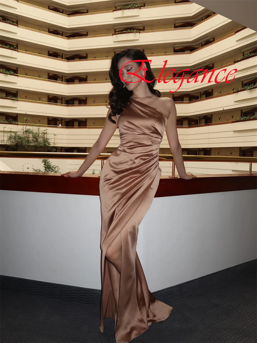 

Customized Exquisite Champagne Satin Evening Dress Classic One Shoulder Sleeveless Zipper Back Mermaid Special Occasion Gowns