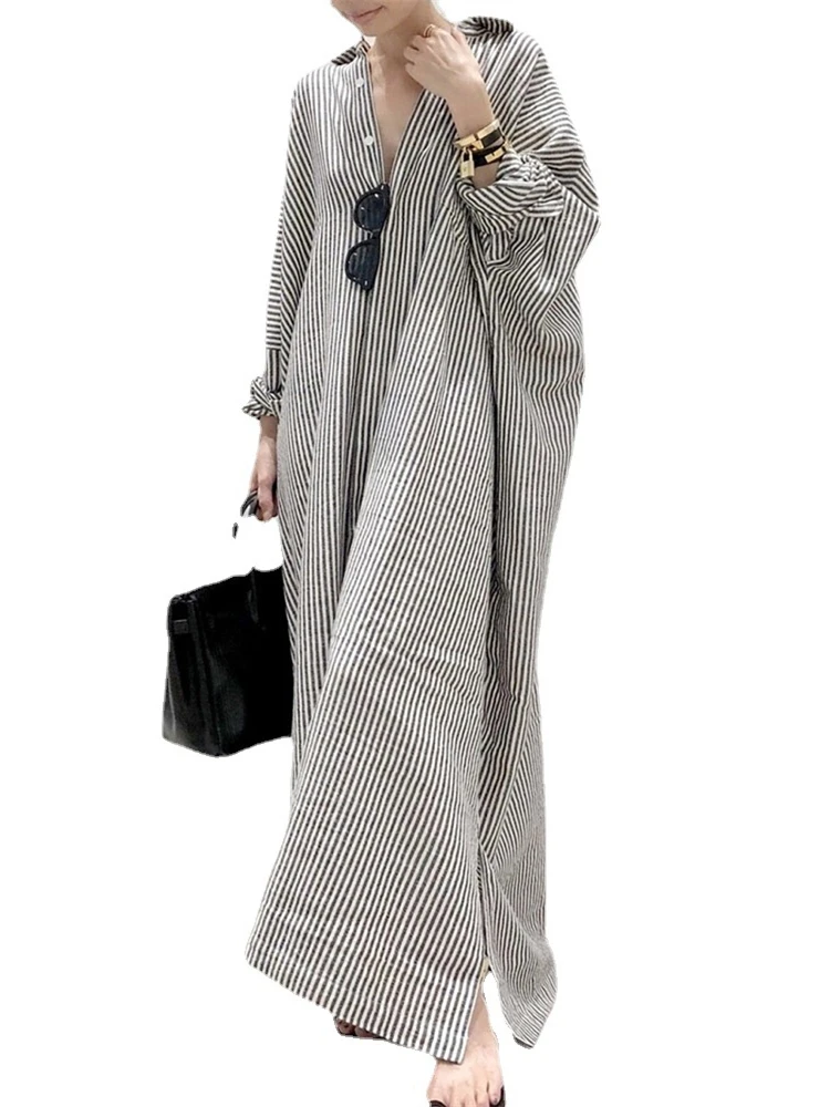 Realeft 2025 novo vintage listrado camisas longas das mulheres vestidos de manga longa único breasted casual solto vestidos retos feminino