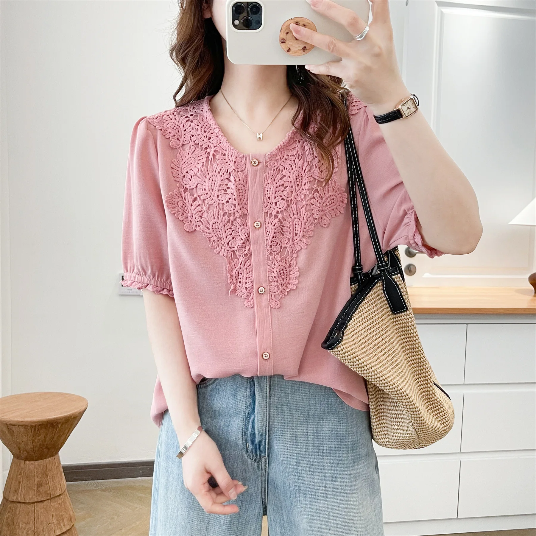 2026 Summer New Plus Size Ice Silk Blouse Short Sleeve Lace Patchwork Open Front Cardigan Loose Oversized Shirt For Women view 4
