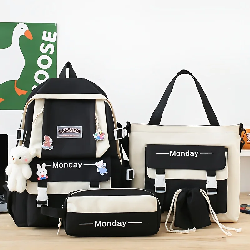 

5pcs/set Fashion Solid Color Backpack Set, Preppy College School Daypack Set, Travel Bags