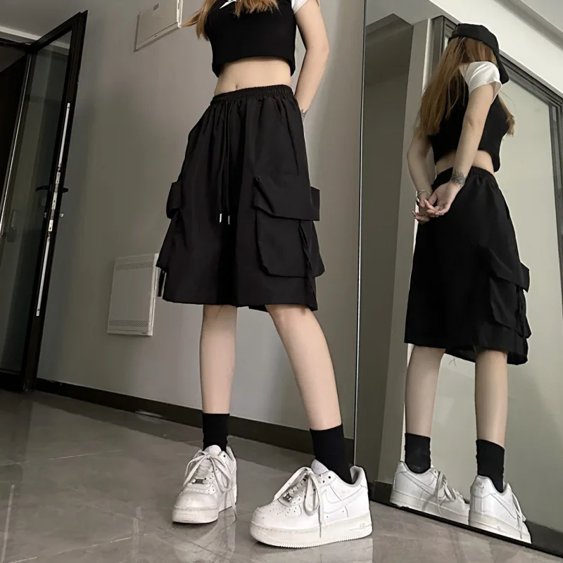 

2024 Women High Waist Cargo Shorts American Style Streetwear Summer Wide Leg Pants Fashion Female Big Pocket Loose Shorts New