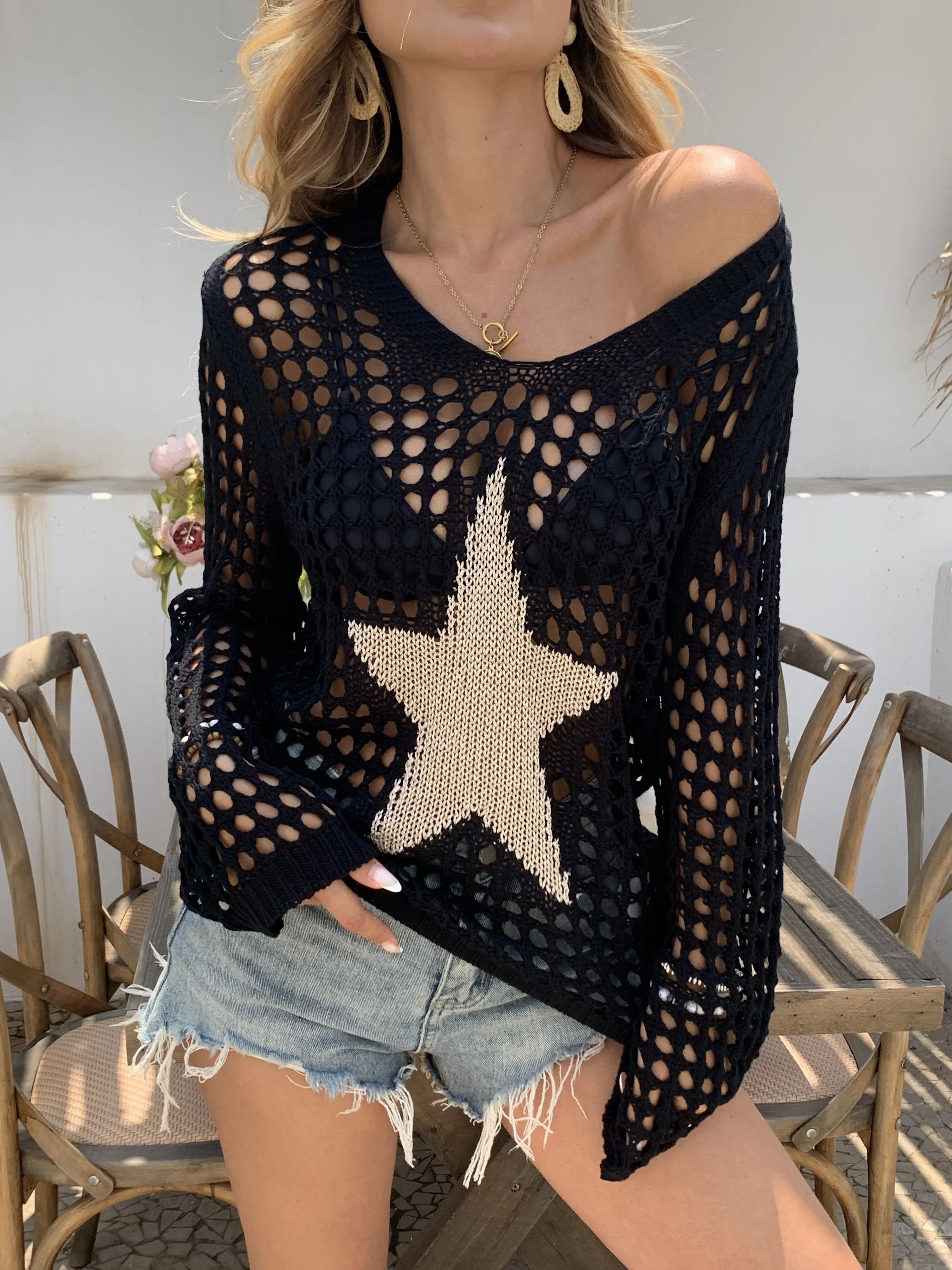

Women'S Lightweight Crochet Knit Top - Casual V-Neck, Long Sleeve Hollow Out Knit with Golden Star Beach Cover-Up, Perfect for S