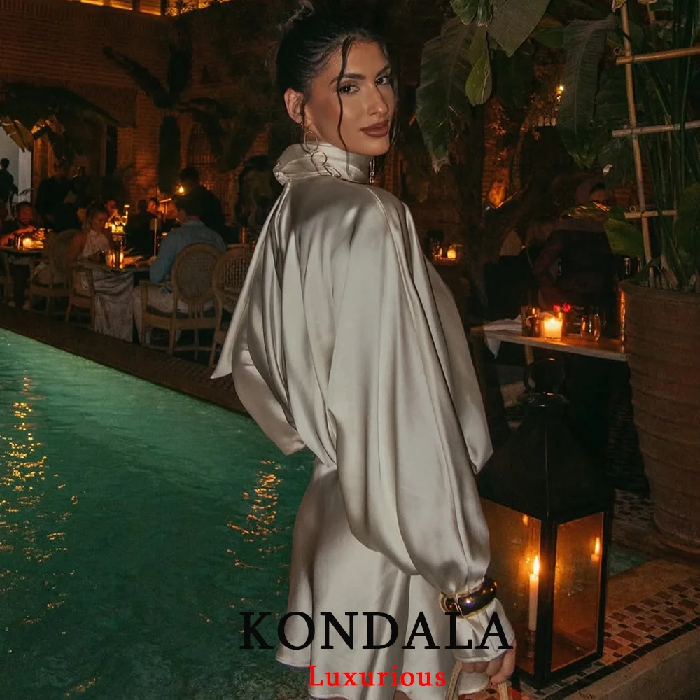 KONDALA elegante vestido de fiesta de satén Beige para mujer, minivestido holgado de manga larga con pajarita, moda 2025, vestido de noche para discoteca para mujer