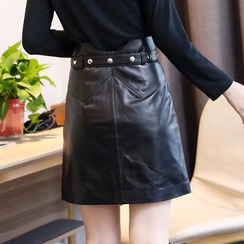 Women Mini Skirt Solid Color High Waist Regular Fit Real Leather Cozy Commuter Bodycon Asymmetrical  Streetwear T769