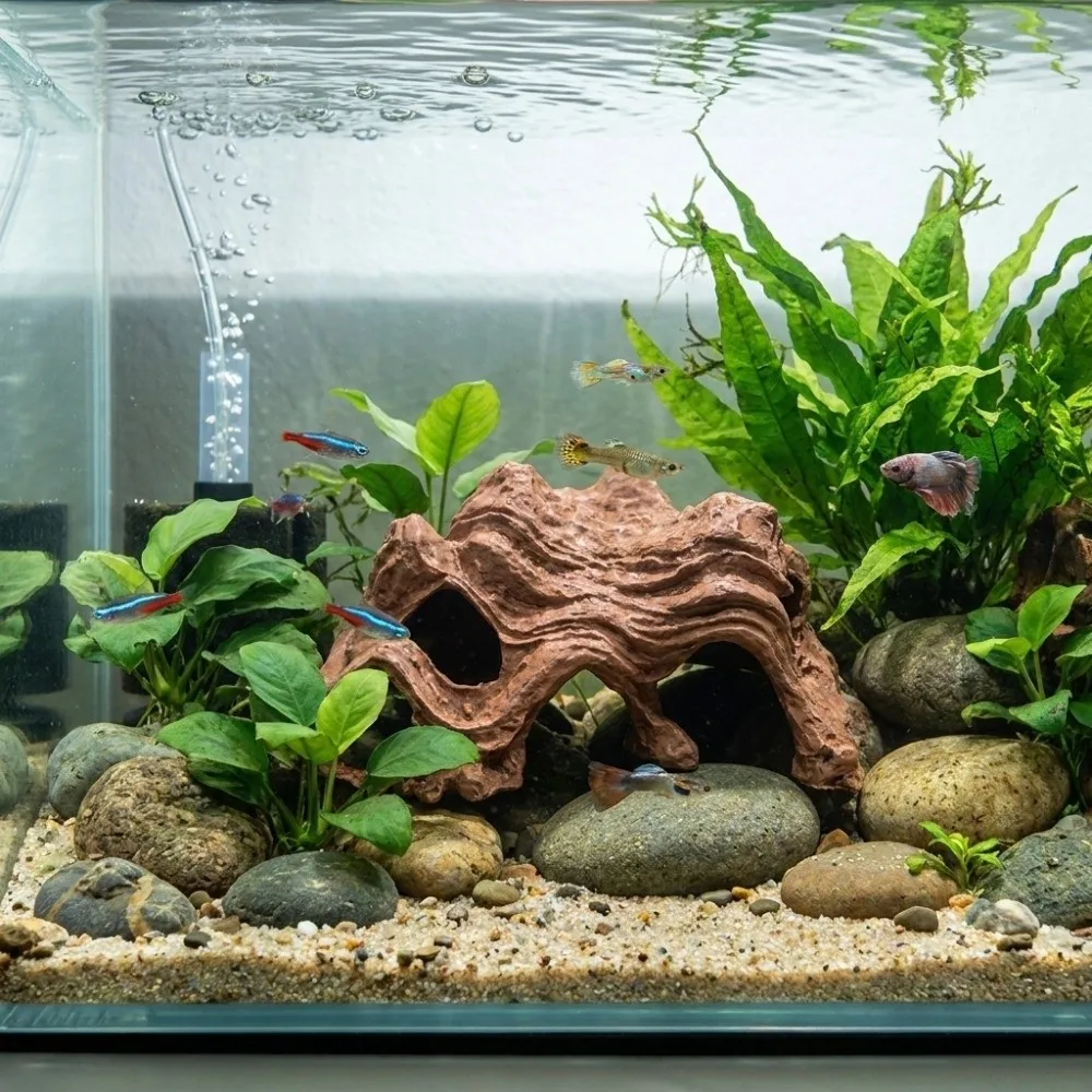 3D Printed Fish Shrimp Hiding Cave Multi-Hole Unique Aquarium Fish Shelter Natural Look Plastic Fish Tank Ornament Vivarium