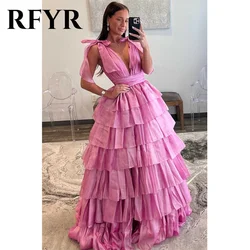 RFYR Pink Evening Dresses Plunging Neck Sleeveless Party Dress Ribbons Tiered Ruffles Prom Dresses Sexy Open Back Robe De Soiree