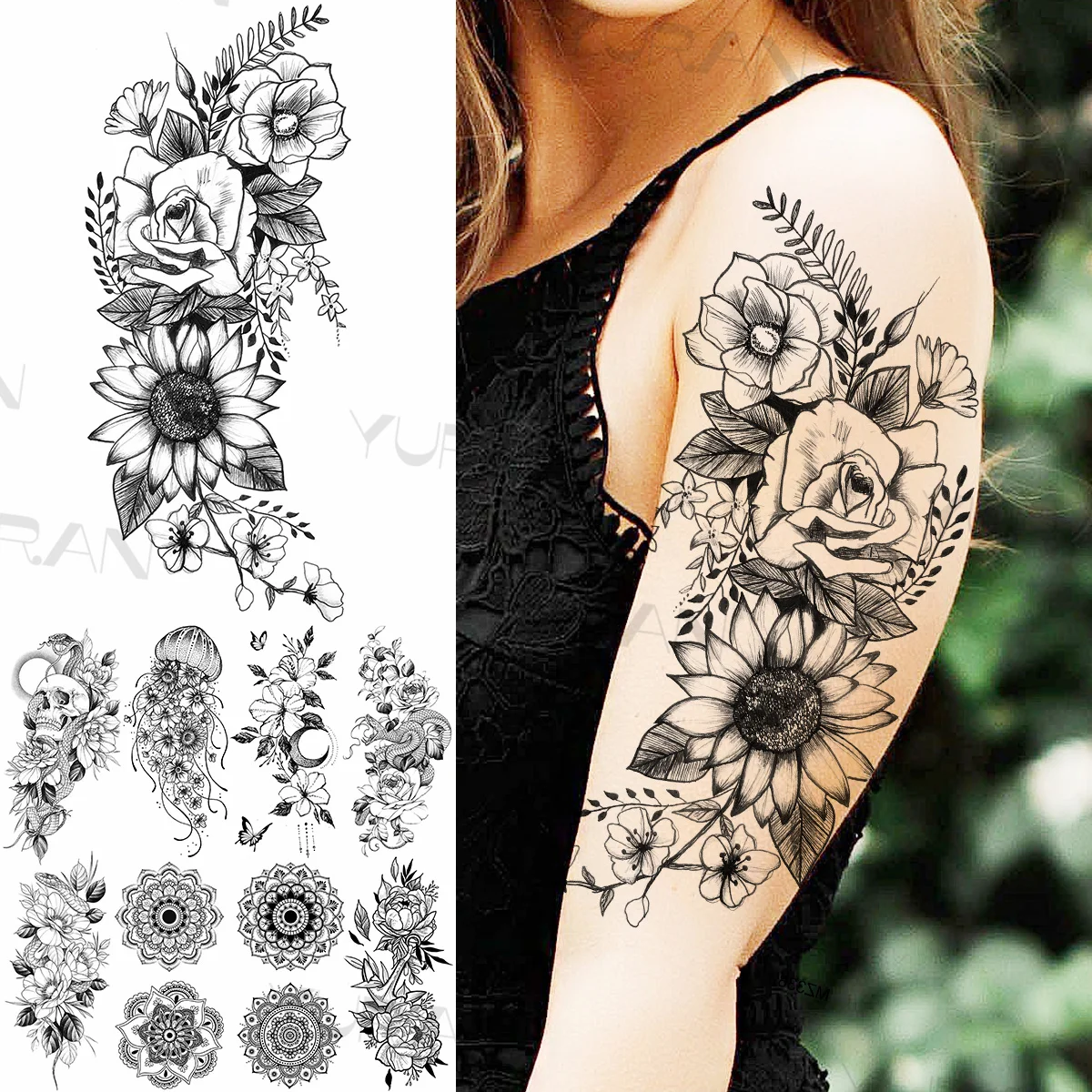 Large Sun Flower Temporary Tattoos For Women Realistic Skull Snake Jellyfish Mandala Anchor Fake Tattoo Sticker Arm Body Tatoos